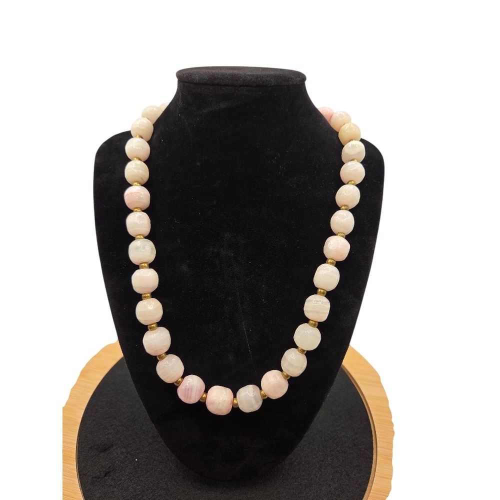 Vintage Polished Stone Bead Necklace White / Pale Pink Gold Spacer Beads